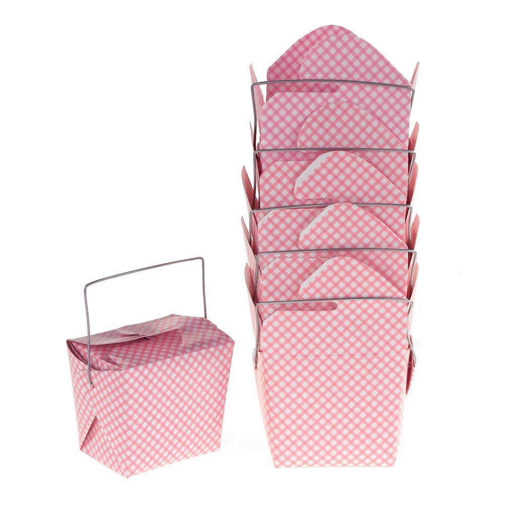 Checkered Take Out Boxes with Wire Handle, Pink, 2-1/2-Inch, 6-Piece