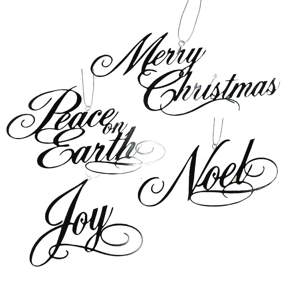 Holiday Script Metal Christmas Ornaments, White, 4-Inch, 4-Piece