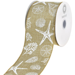 Summer Stamped Beach Icons Faux Linen Wired Ribbon, 2-1/2-inch, 10-yard