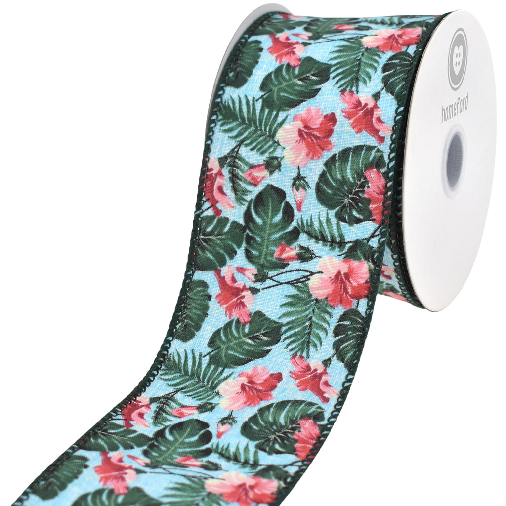 Printed Hibiscus Monstera Leaves Faux Linen Wired Ribbon, 2-1/2-inch, 10-yard