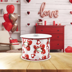 Valentine's Heart Shaped Cherries Wired Ribbon, 10-yard
