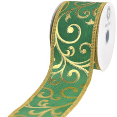 Christmas Metallic Embossed Swirls Wired Ribbon, 10-yard