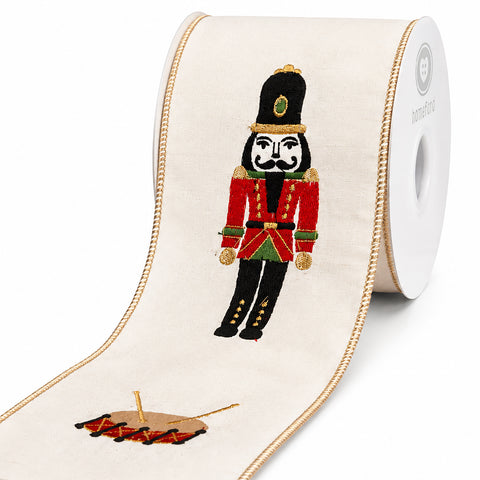 Christmas Nutcracker Embroidered Wired Edge Ribbon, 4-inch, 5-yard