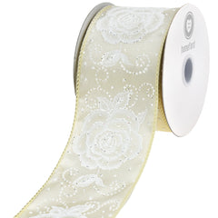 Glittered Wedding Rose Pattern Satin Wired Ribbon, 2-1/2-inch, 10-yard