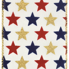 Glittered Patriotic Stars Satin Wired Ribbon, 2-1/2-inch, 10-yard