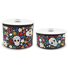 Halloween Day of the Dead Calaveras Sugar Skull Satin Wired Ribbon, 10-yard