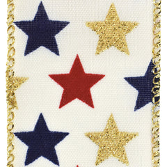 Glittered Patriotic Stars Satin Wired Ribbon, 1-1/2-inch, 10-yard