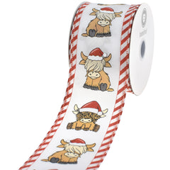 Christmas Santa Hat Highland Cattle Satin Wired Ribbon, 2-1/2-inch, 10-yard