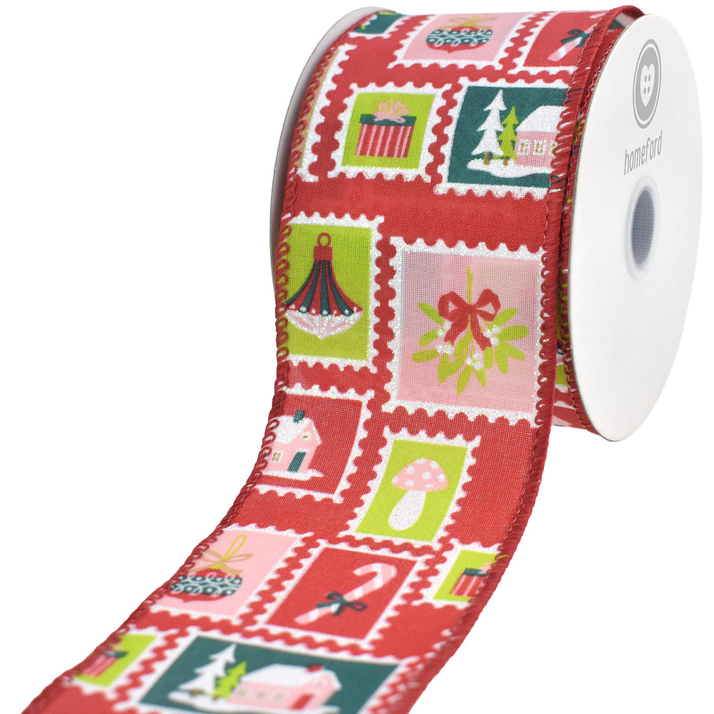Christmas Icon Stamp Collage Wired Ribbon, 10-yard