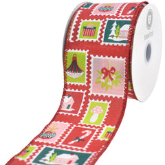 Christmas Icon Stamp Collage Wired Ribbon, 10-yard