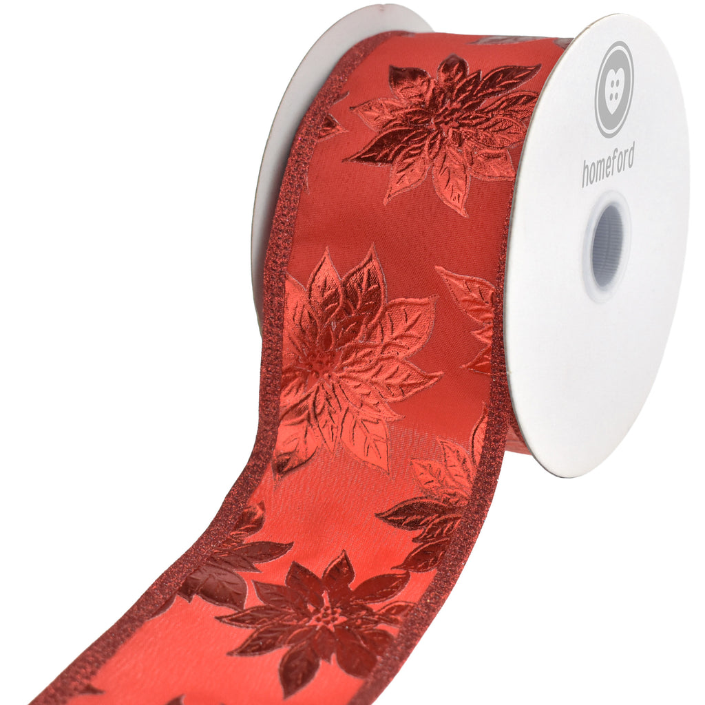 Christmas Metallic Embossed Poinsettias Wired Ribbon, 10-yard