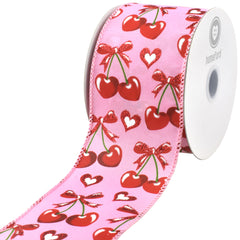Valentine's Heart Shaped Cherries Wired Ribbon, 10-yard