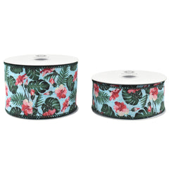 Printed Hibiscus Monstera Leaves Faux Linen Wired Ribbon, 2-1/2-inch, 10-yard