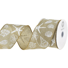 Summer Stamped Beach Icons Faux Linen Wired Ribbon, 2-1/2-inch, 10-yard