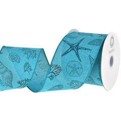 Summer Stamped Beach Icons Faux Linen Wired Ribbon, 2-1/2-inch, 10-yard