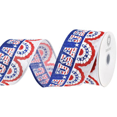 Patriotic Pleated Fan Flags Faux Linen Wired Ribbon, 2-1/2-inch, 10-yard