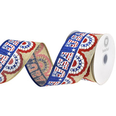 Patriotic Pleated Fan Flags Faux Linen Wired Ribbon, 2-1/2-inch, 10-yard