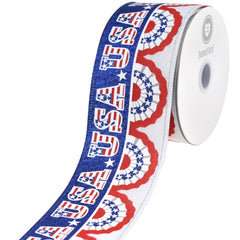 Patriotic Pleated Fan Flags Faux Linen Wired Ribbon, 2-1/2-inch, 10-yard