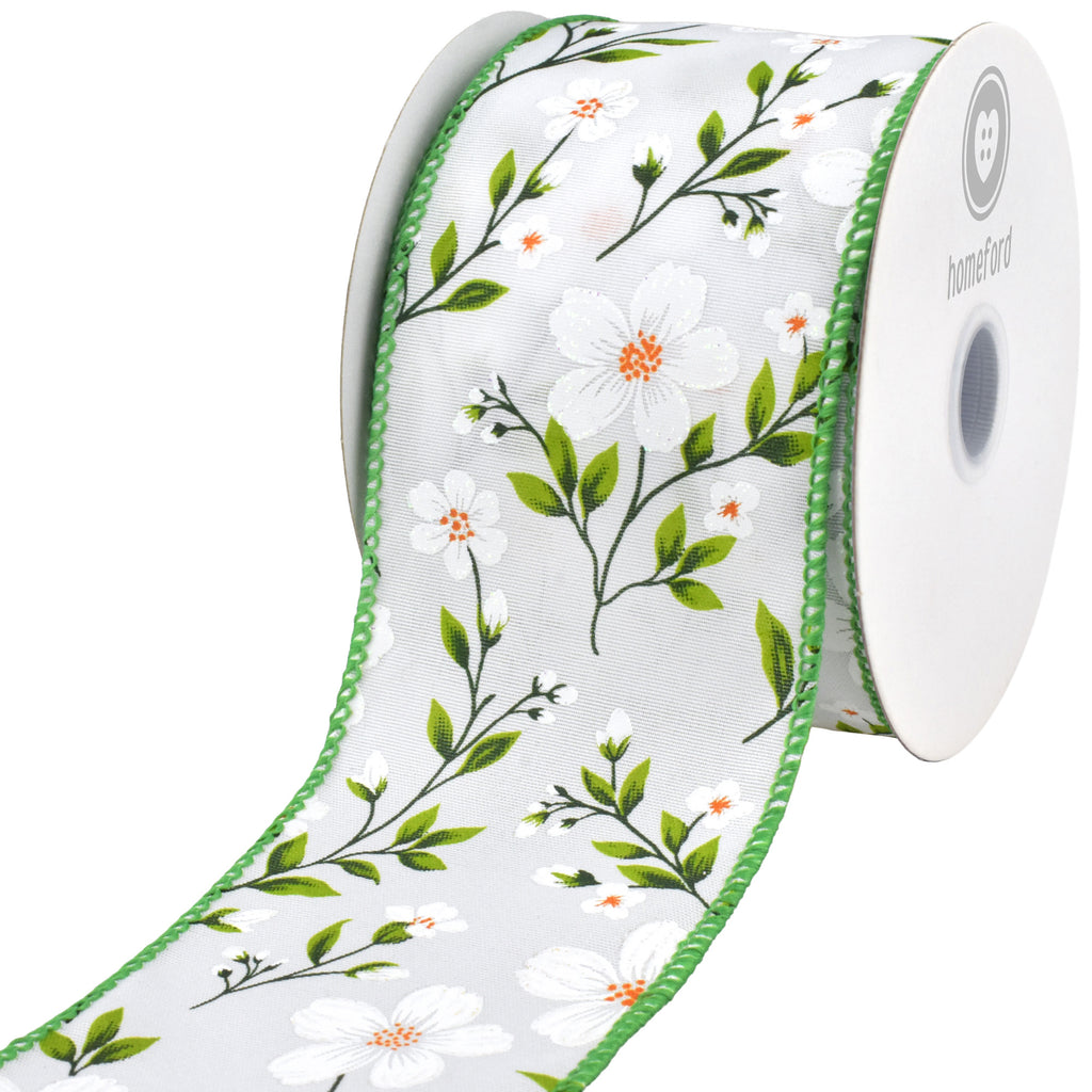 Spring Flax Flowers Wired Ribbon, 2-1/2-inch, White/Green, 10-yard