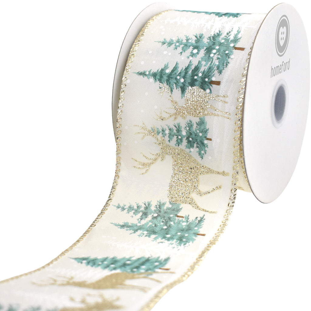 Christmas Snowy Trees Reindeer Satin Wired Ribbon, 10-yard