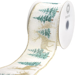 Christmas Snowy Trees Reindeer Satin Wired Ribbon, 10-yard