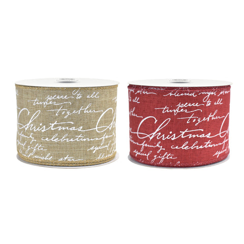 Christmas Cursive Script Faux Linen Wired Ribbon, 10-yard