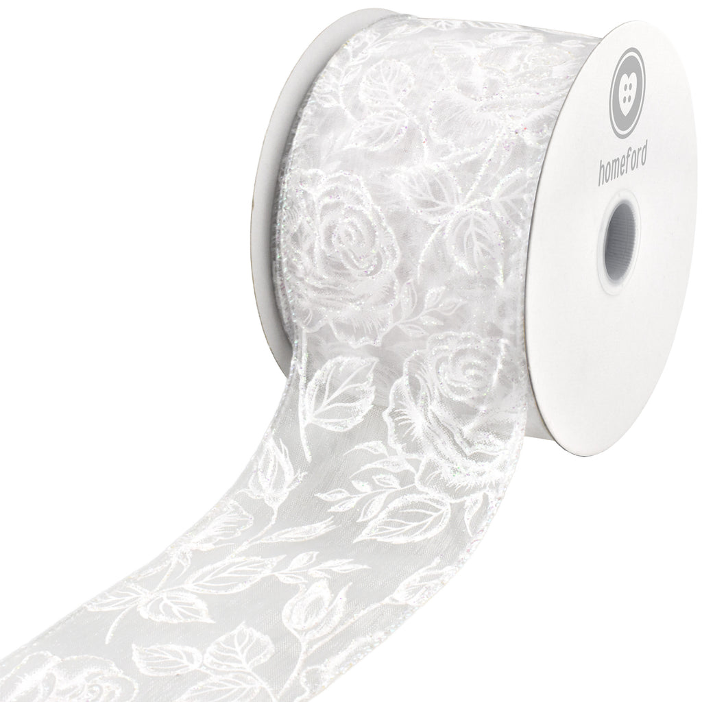 Glittered Roses Sheer Organza Wired Ribbon, 10-yard