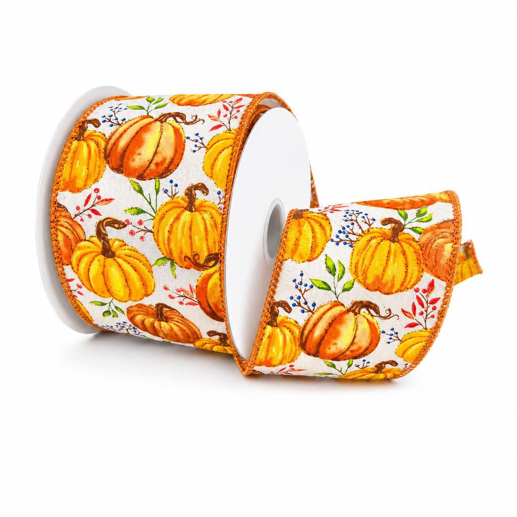 Fall Watercolor Pumpkins Wired Ribbon, 2-1/2-inch, 10-yard