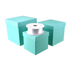 Homeford Nested Square Gift Boxes, Robin's Egg Blue, 5-inch, 6-inch, 7-inch, 3-piece, 1.5-inch White Satin Ribbon 10-yard