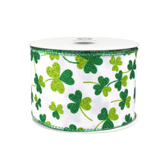 St. Patrick's Glittered Shamrocks Wired Ribbon, 10-yard