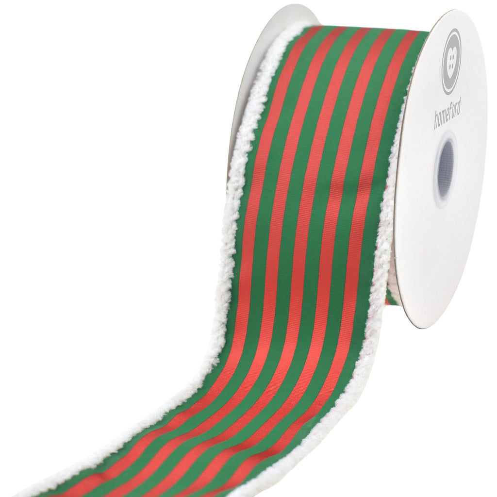 Christmas Vertical Stripes Fuzzy Edge Wired Ribbon, 10-yard
