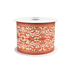Christmas Metallic Ornate Damask Print Wired Ribbon, 10-yard