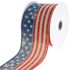 Patriotic Vintage American Flag Pattern Wired Ribbon, 2-1/2-inch, 10-yard