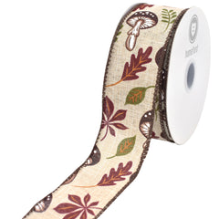 Fall Leaves Mushrooms Faux Linen Wired Ribbon, 1-1/2-inch, 10-yard