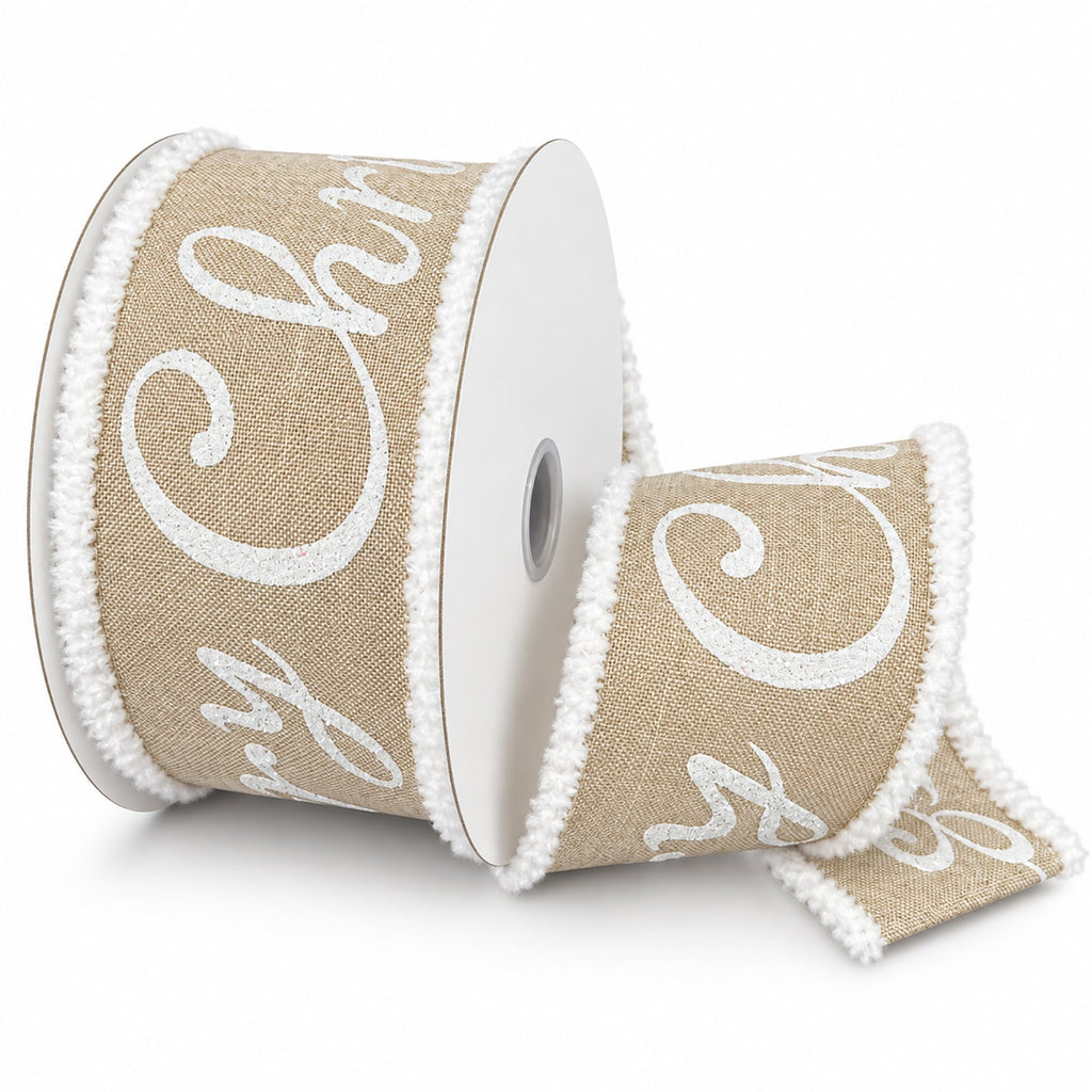 Glitter Merry Christmas Linen Wired Ribbon, 2-1/2-inch, 10-yard
