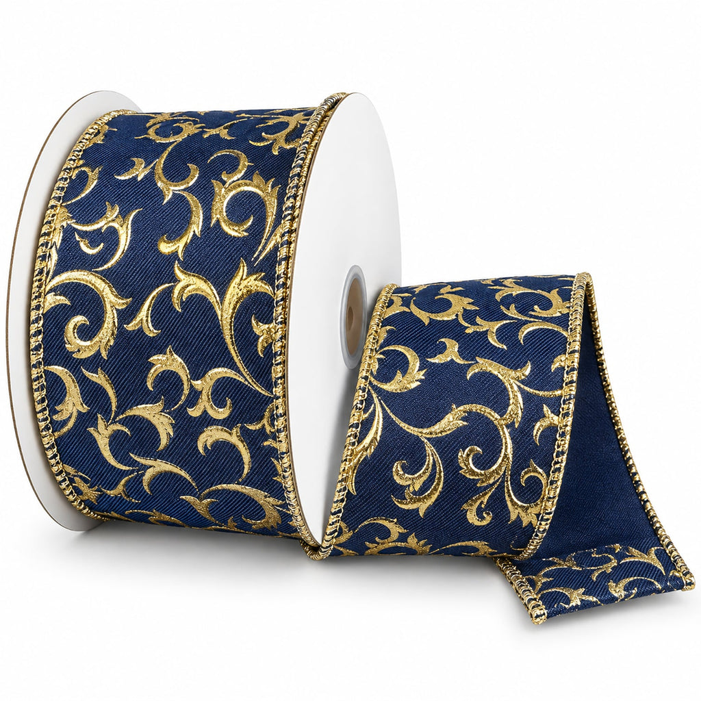 Christmas Gold Embossed Swirl Linen Wired Ribbon, 2-1/2-inch, 10-yard