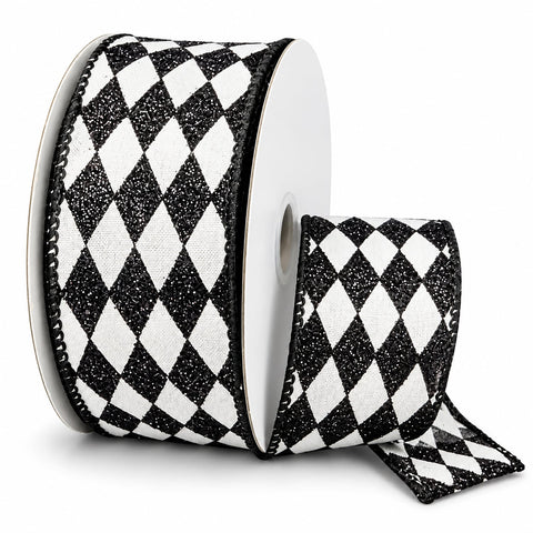 Black Glitter Harlequin Satin Wired Ribbon, 10-yard