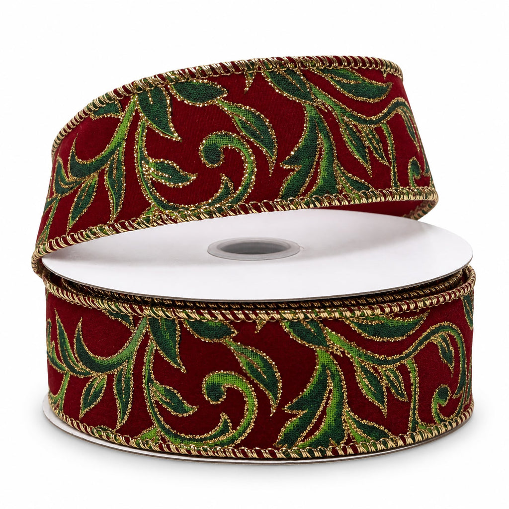 Glitter Vine Swirl Christmas Velvet Wired Ribbon, 10-yard