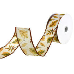 Falling Leaves Faux Linen Wired Autumn Fall Ribbon, 10-yard
