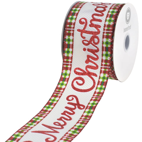 Merry Christmas Plaid Edge Satin Wired Ribbon, 2-1/2-inch, 10-yard