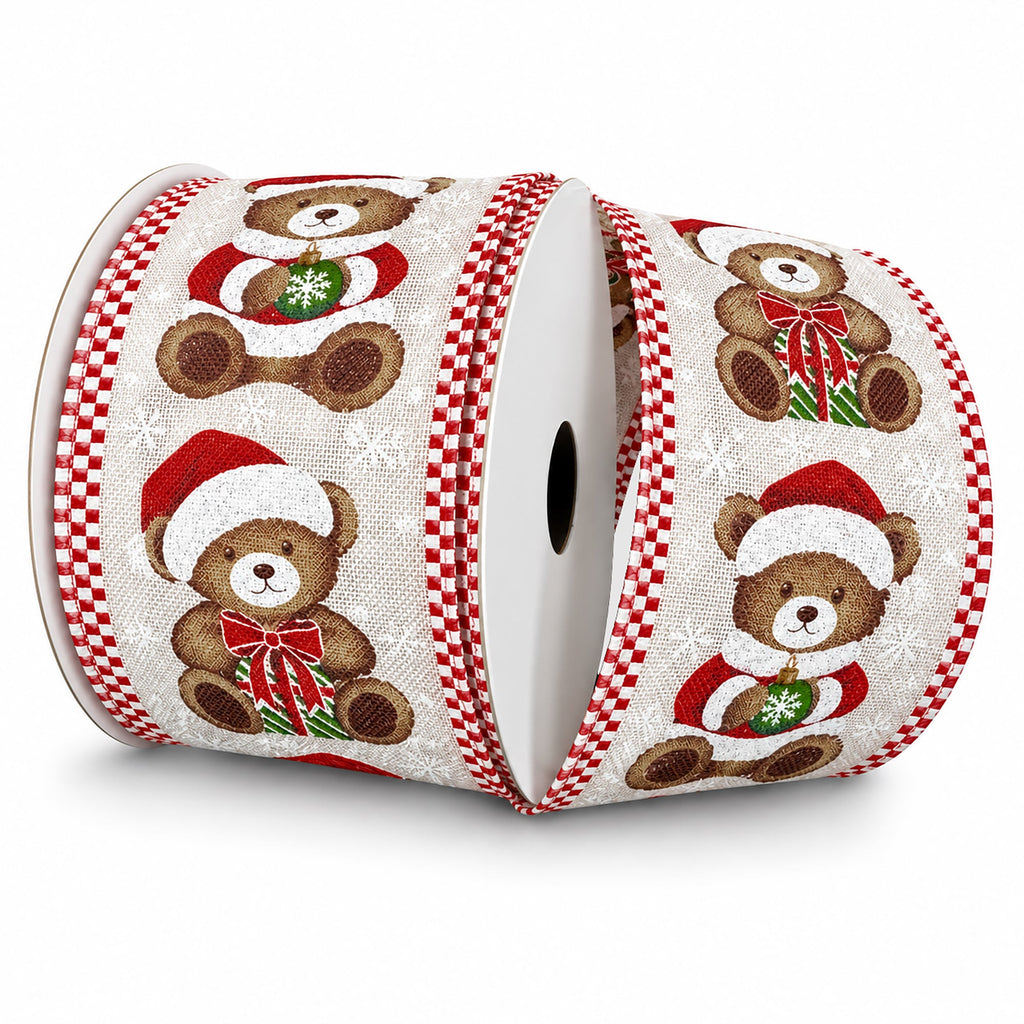 Glitter Christmas Teddy Bear Linen Wired Ribbon, 2-1/2-inch, 10-yard
