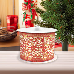 Christmas Metallic Ornate Damask Print Wired Ribbon, 10-yard