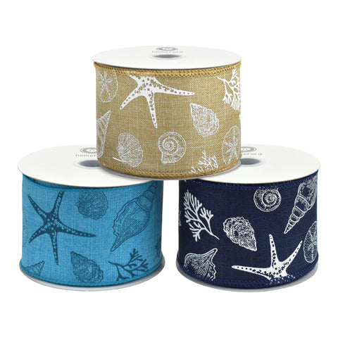 Summer Stamped Beach Icons Faux Linen Wired Ribbon, 2-1/2-inch, 10-yard