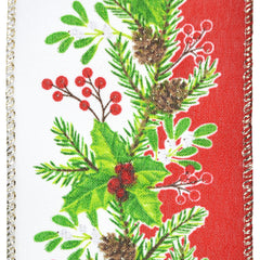 Christmas Pinecone Mistletoe Stripe Wired Ribbon, 10-yard