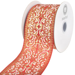 Christmas Metallic Ornate Damask Print Wired Ribbon, 10-yard