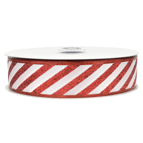 Christmas Glitter Candy Cane Stripes Satin Wired Ribbon, 1-1/2-inch, 50-yard