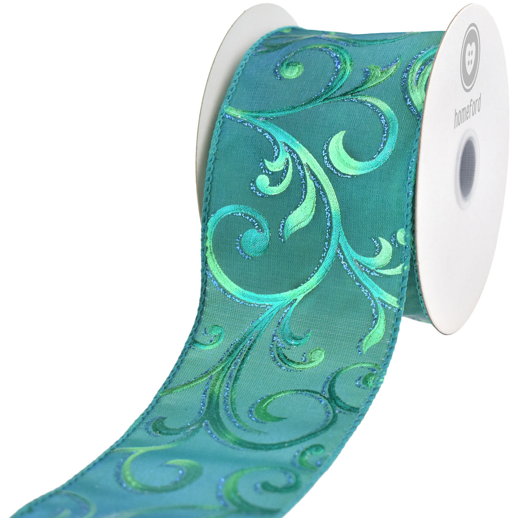 Christmas Satin Peacock Swirls Wired Ribbon, 10-yard