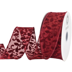 Christmas Sheer Organza Flocked Leaf Swirls Wired Ribbon, 50-yard