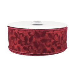 Christmas Sheer Organza Flocked Leaf Swirls Wired Ribbon, 50-yard