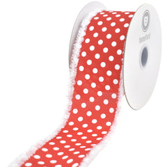 Christmas Satin Polka Dots Fuzzy Edge Wired Ribbon, 10-yard